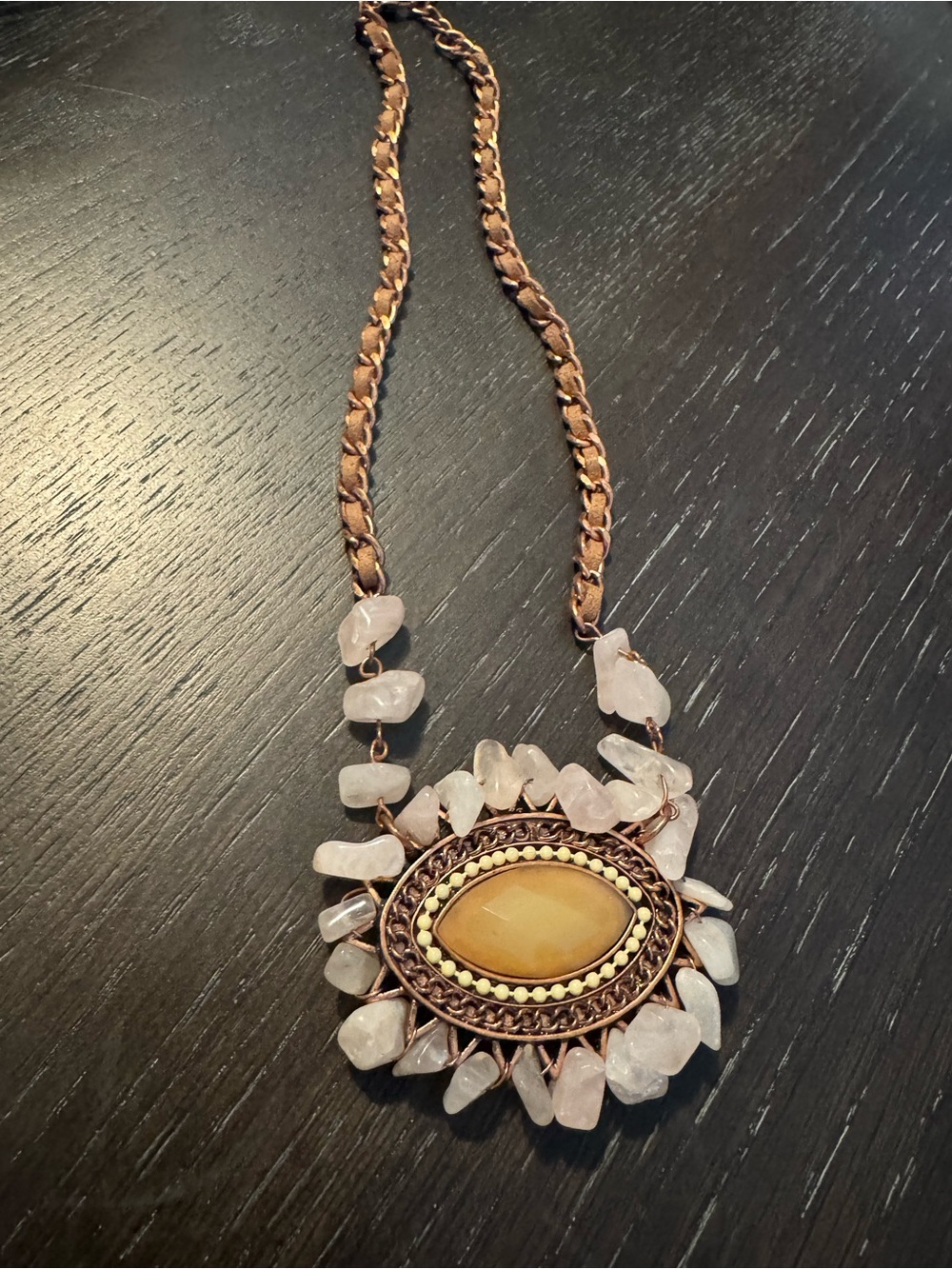 Bohemian Amber Stone Pendant Necklace - Brown & Rose Quartz